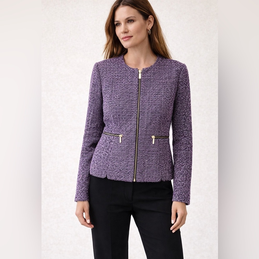 Donna Karan Purple Bouclé Tweed Zip Jacket Size 8